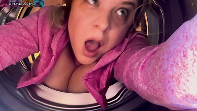 Stepmom stuck in the washing machine takes it in both fuck holes to keep it a secret